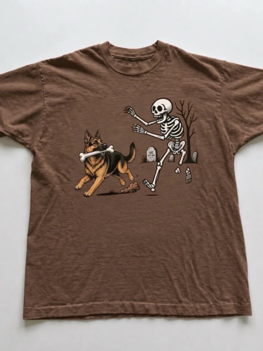 Brown Graphic Tee with German Shepherd & Skeleton